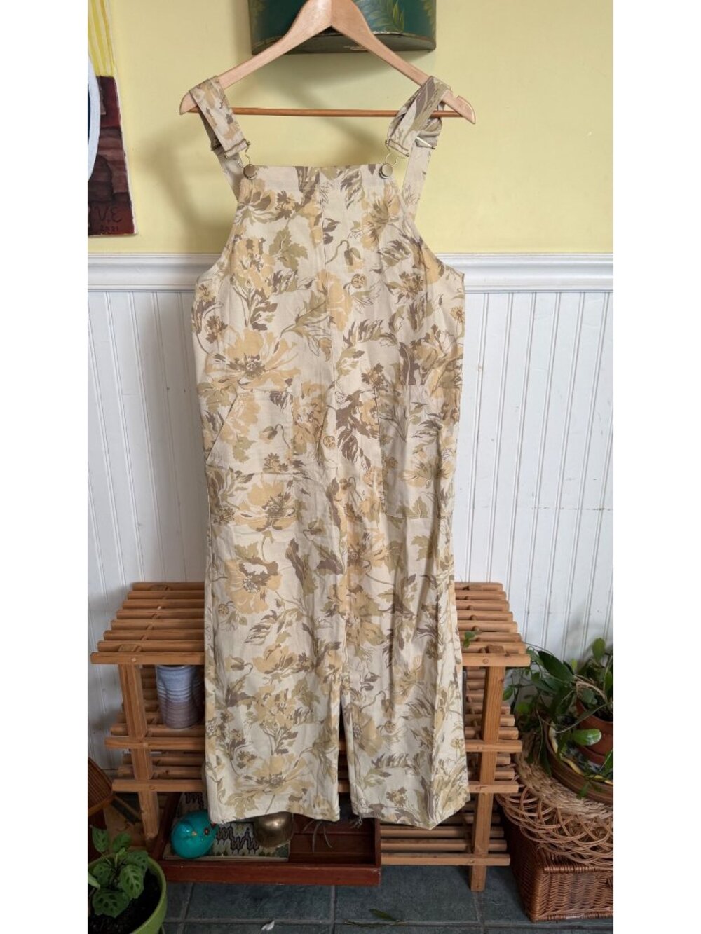 Floral Print Beige Zara Overall Jumpsuit With Adjustable Straps & Front Pockets